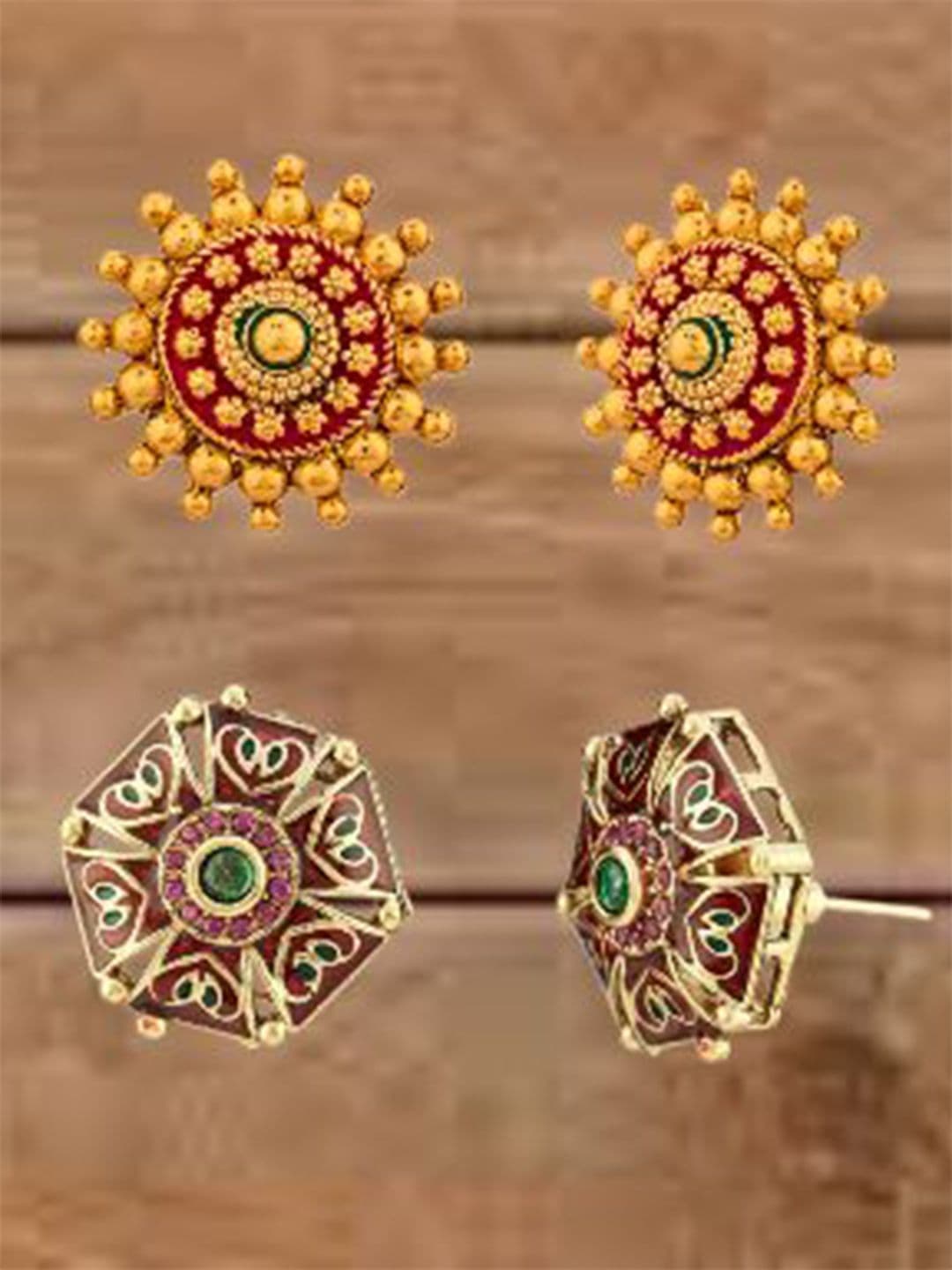 ATIBELLE Set Of 2 Gold-Plated Cubic Zirconia Studded Floral Shaped Meenakari Studs - Image 1