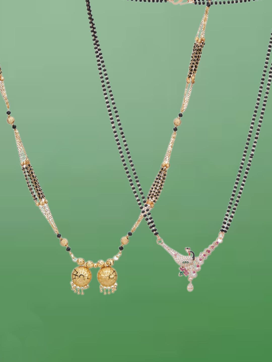 ATIBELLE Set of 2 Gold-Plated Cubic Zirconia Stones Studded and Beaded Mangalsutras