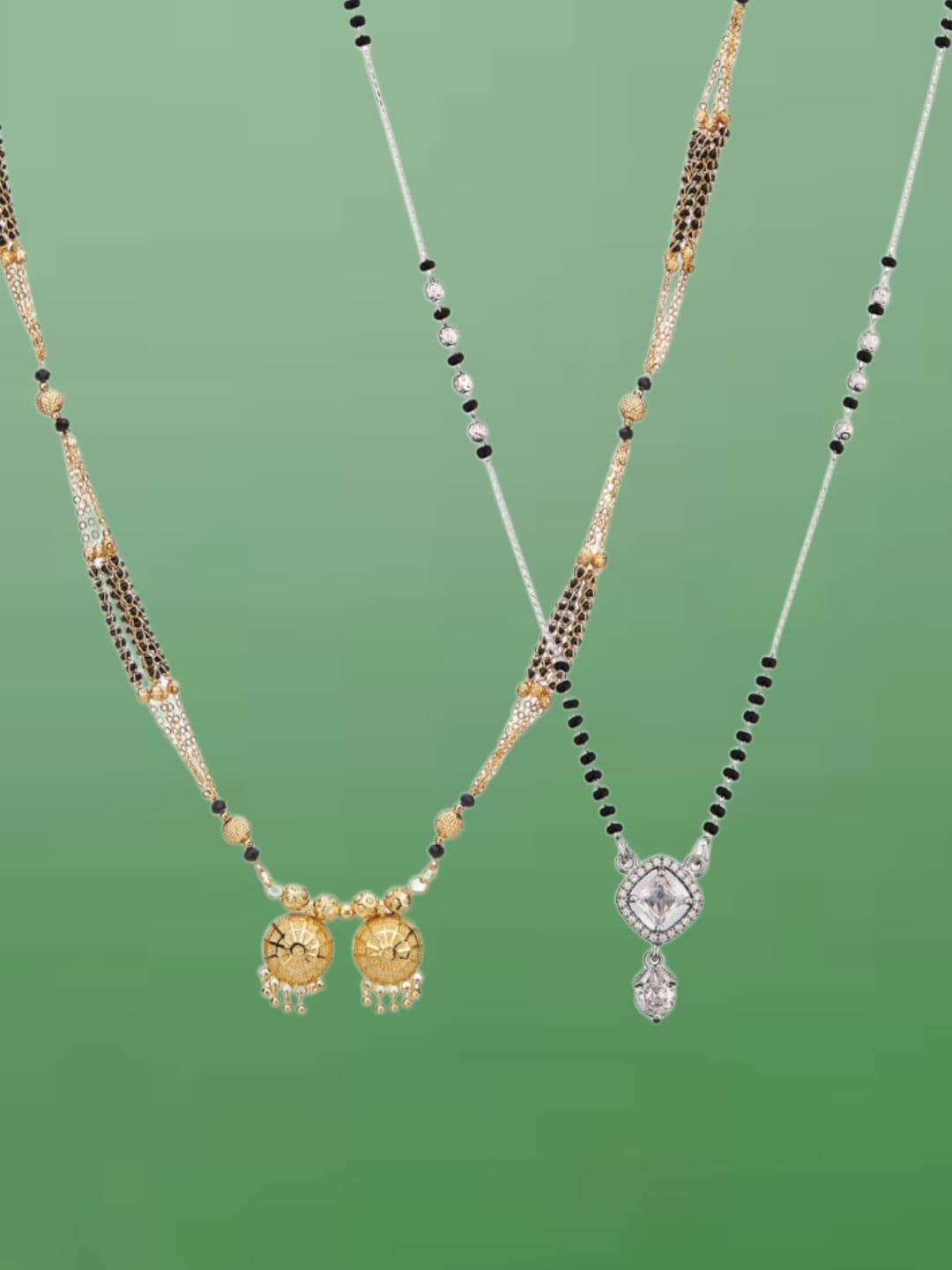 ATIBELLE Set of 2 Gold-Plated Cubic Zirconia Stones Studded and Beaded Mangalsutras