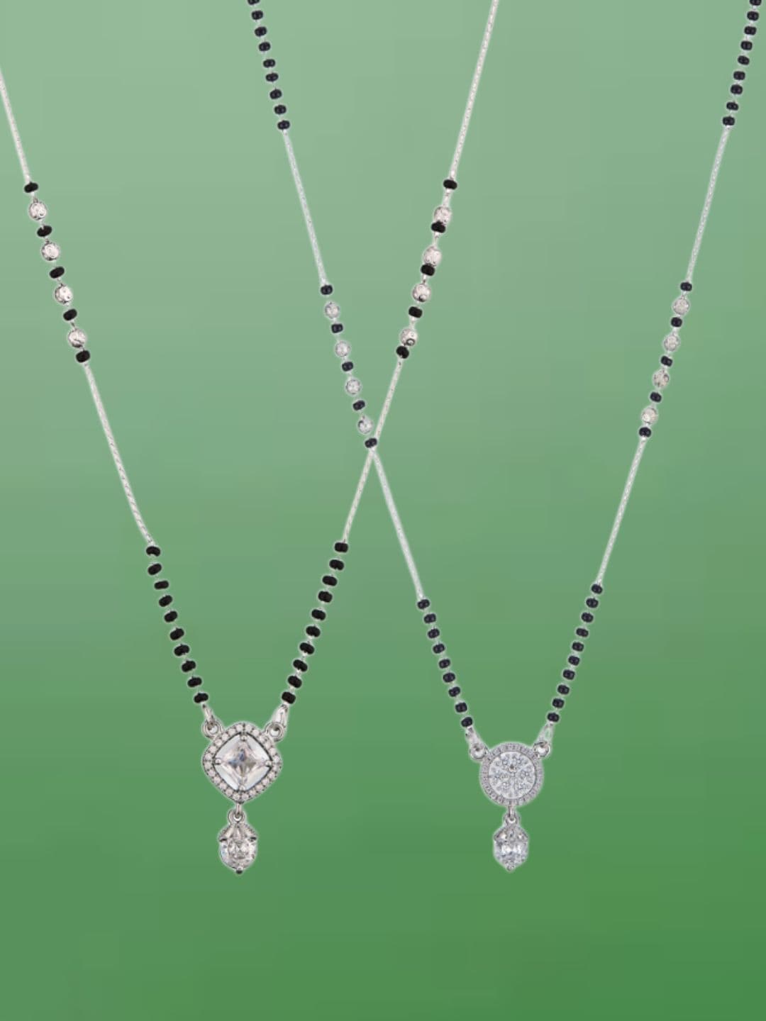 ATIBELLE Set of 2 Silver-Plated Cubic Zirconia Stones Studded and Beaded Mangalsutras