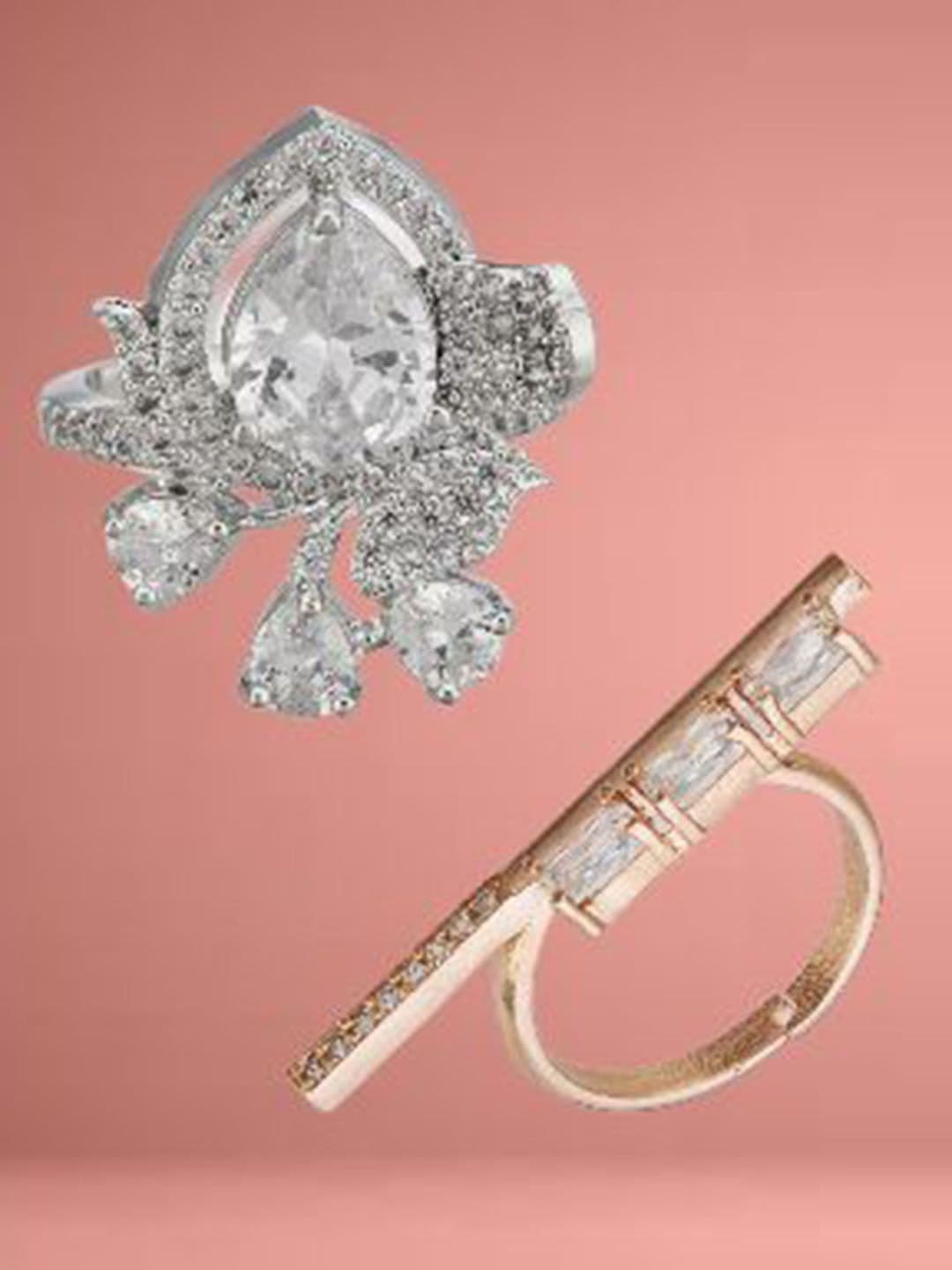 ATIBELLE Set Of 2 Silver-Plated & Rose Gold-Plated Cubic Zirconia Studded Adjustable Ring