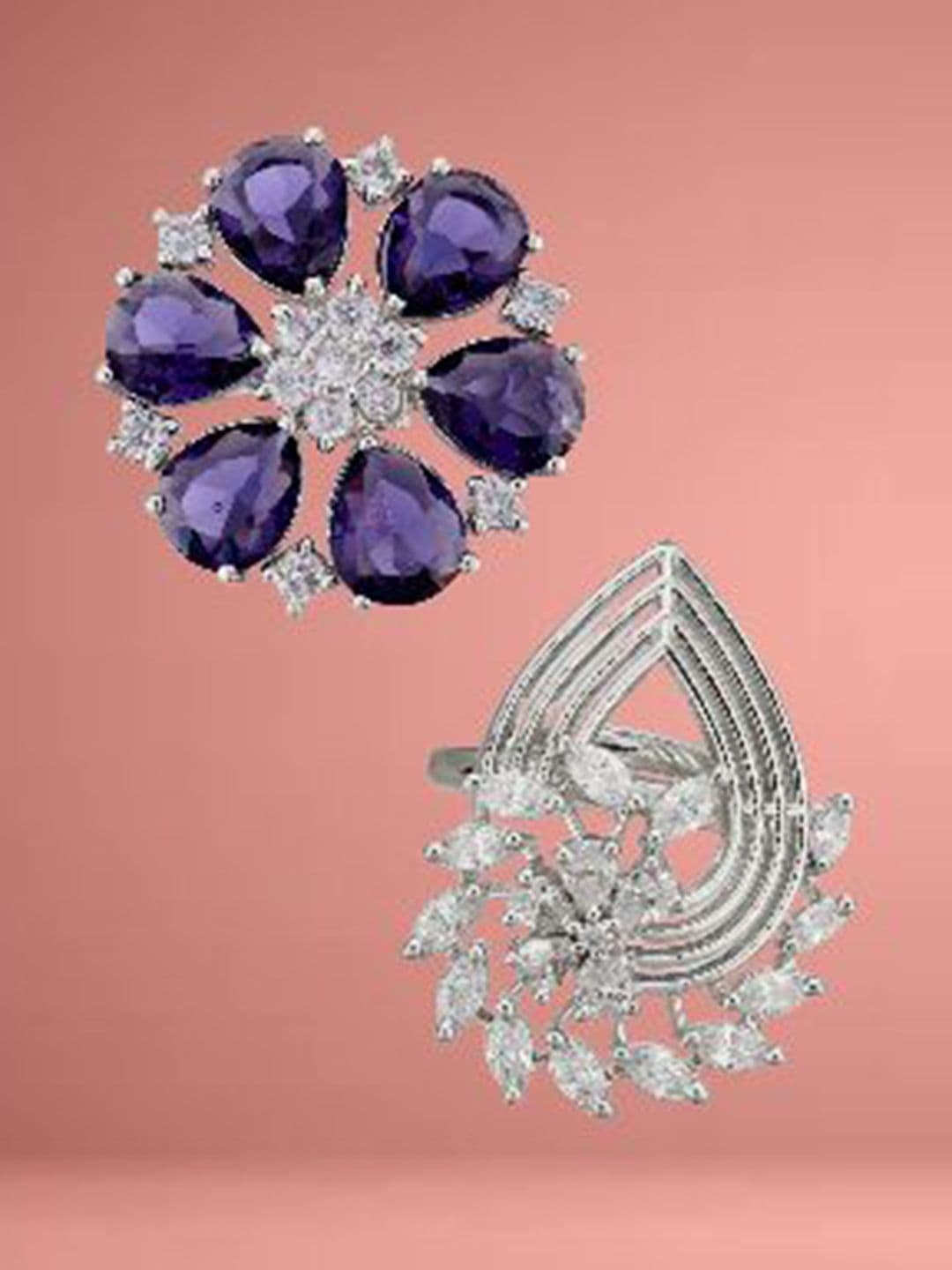 ATIBELLE Set Of 2 Silver-Plated Cubic Zirconia Stone Studded Adjustable Finger Ring