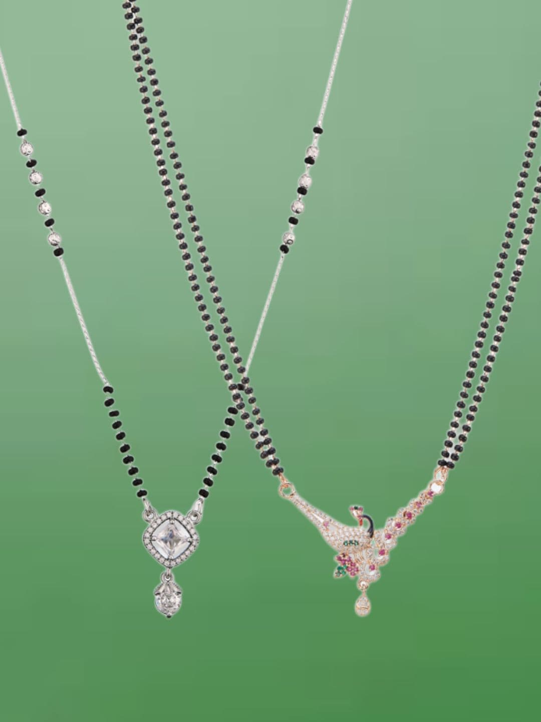 ATIBELLE Set of 2 Silver-Plated Cubic Zirconia Stones Studded and Beaded Mangalsutras