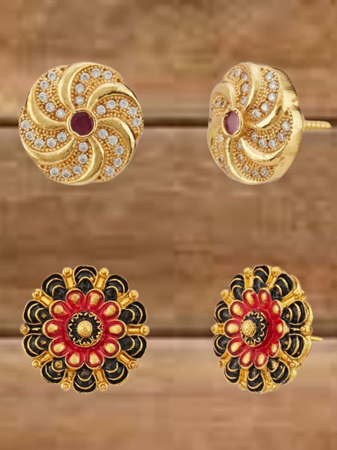 ATIBELLE Set Of 2 Gold-Plated Cubic Zirconia Studded Floral Shaped Meenakari Studs - Image 1