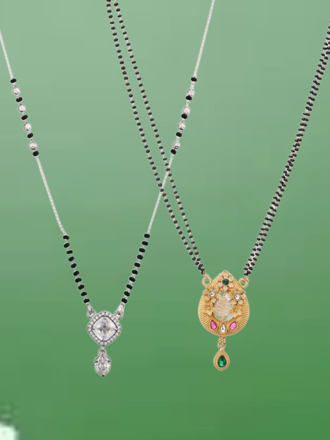 ATIBELLE Set of 2 Silver-Plated Cubic Zirconia Stones Studded and Beaded Mangalsutras