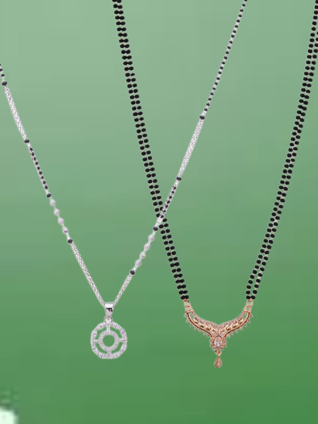 ATIBELLE Set of 2 Silver-Plated Cubic Zirconia Stones Studded and Beaded Mangalsutras