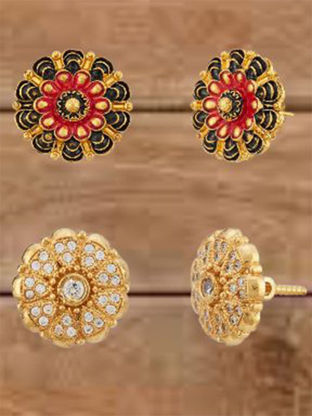 ATIBELLE Set Of 2 Gold-Plated Cubic Zirconia Studded Floral Shaped Meenakari Studs
