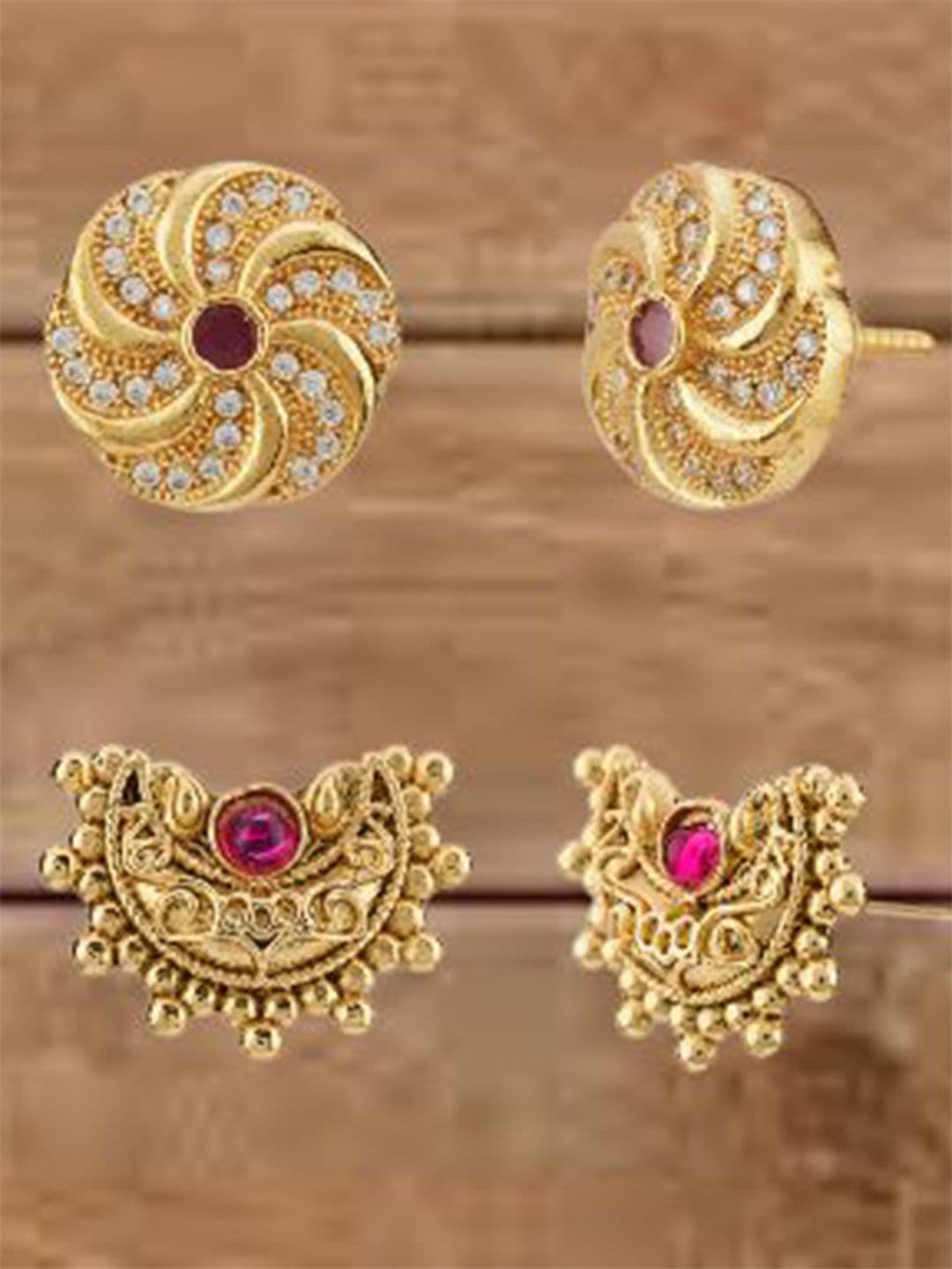 ATIBELLE Set Of 2 Gold-Plated Cubic Zirconia Studded Floral Shaped Studs - Image 1