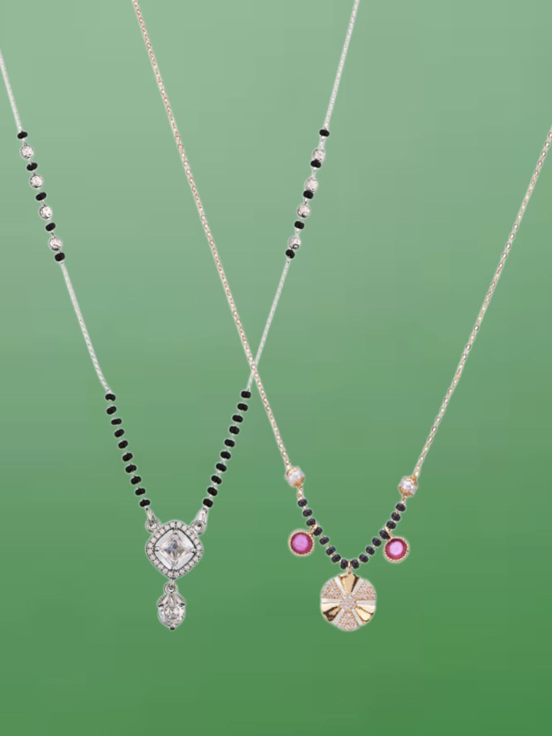 ATIBELLE Set of 2 Silver-Plated Cubic Zirconia Stones Studded and Beaded Mangalsutras