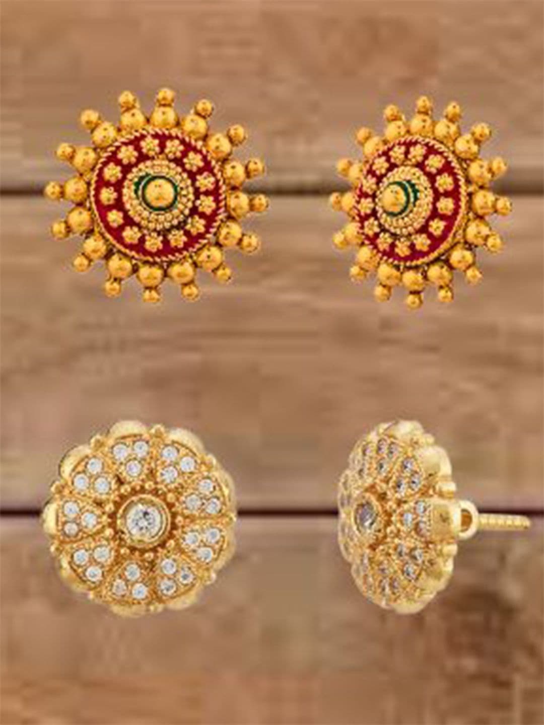 ATIBELLE Set Of 2 Gold-Plated Cubic Zirconia Studded Floral Shaped Meenakari Studs - Image 1