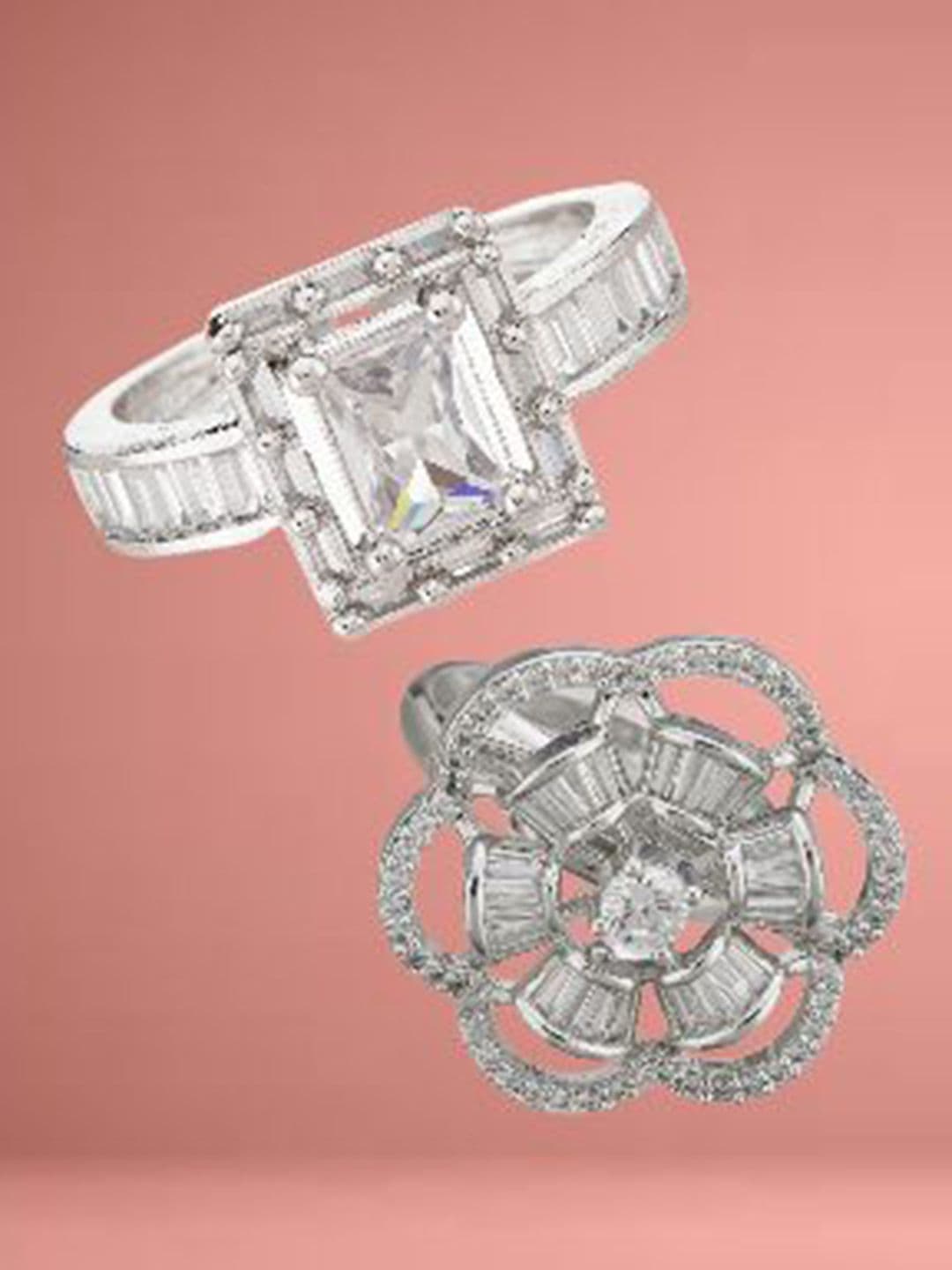 ATIBELLE Set Of 2 Silver-Plated Cubic Zirconia Stone Studded Adjustable Finger Ring