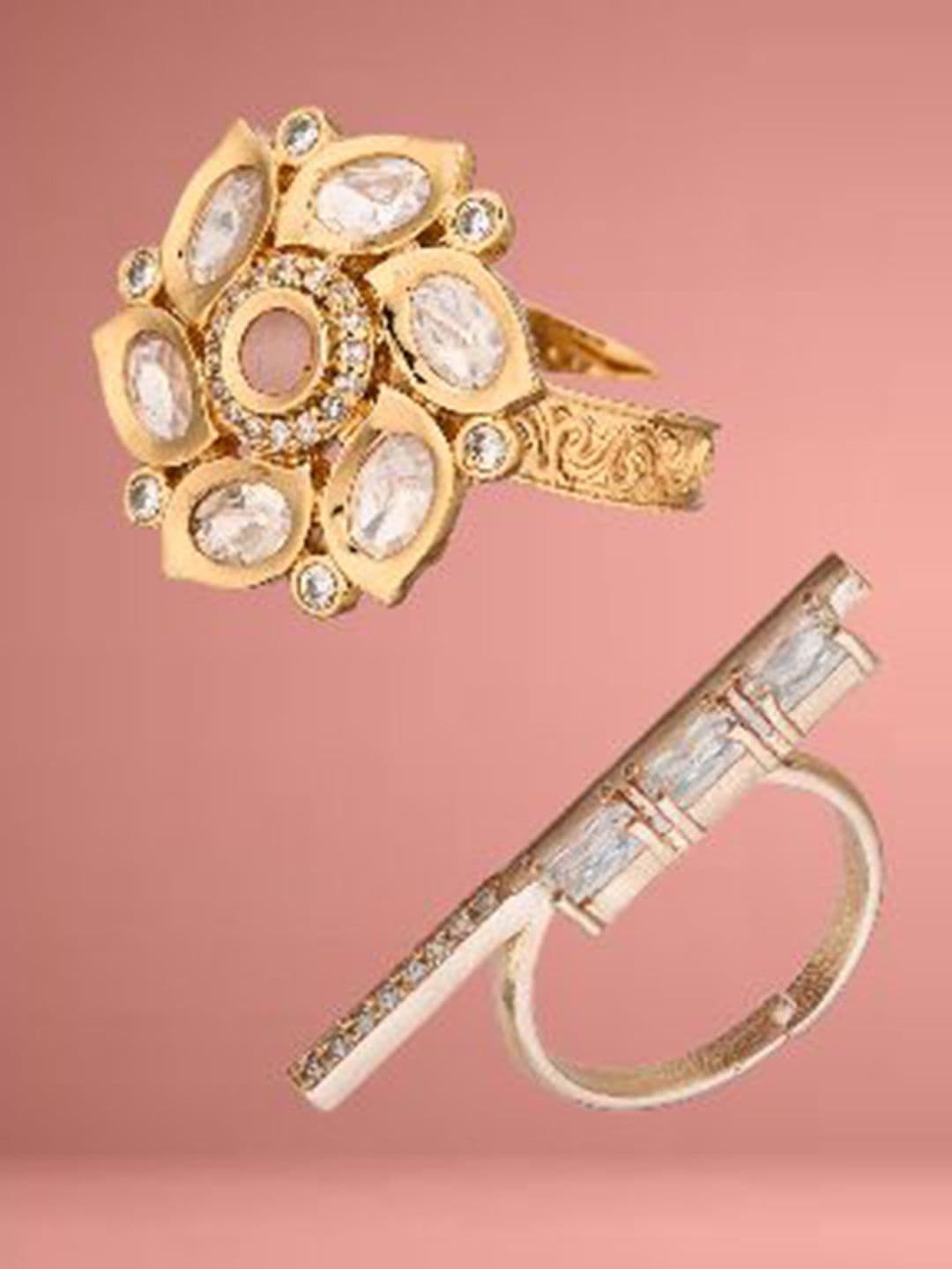 Atibelle set of 2 silver plated & polki kundan stone - studded floral-shaped rings