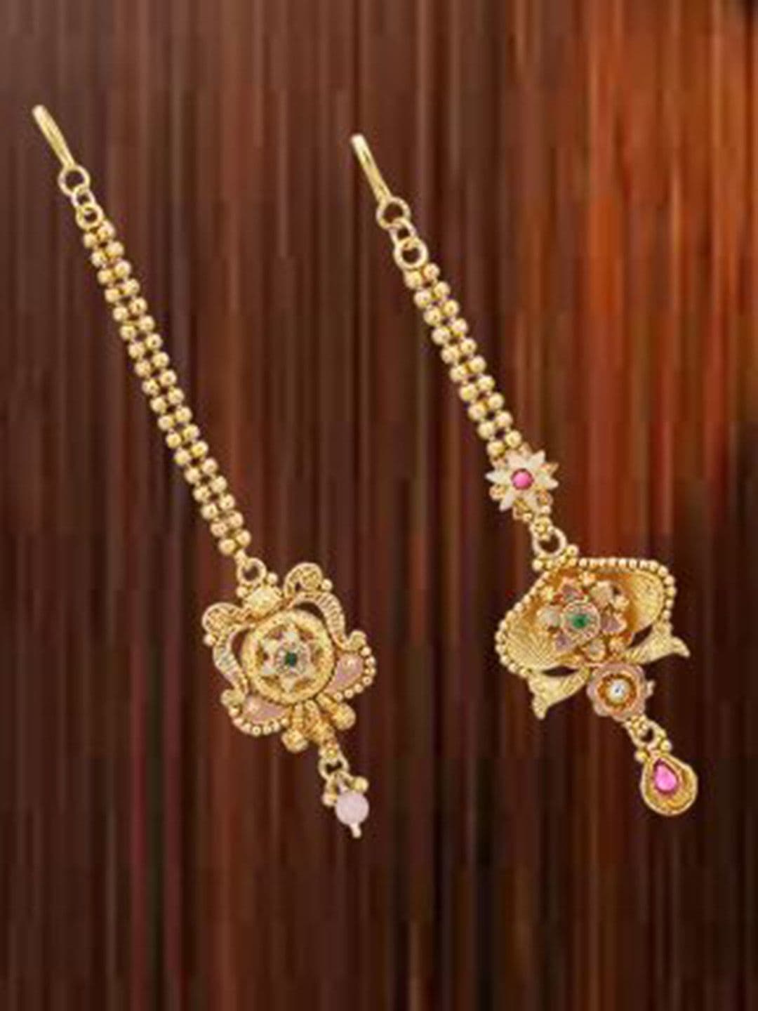 ATIBELLE Set Of 2 Gold-Plated Artificial Stones Studded & Beaded Maang Tikka