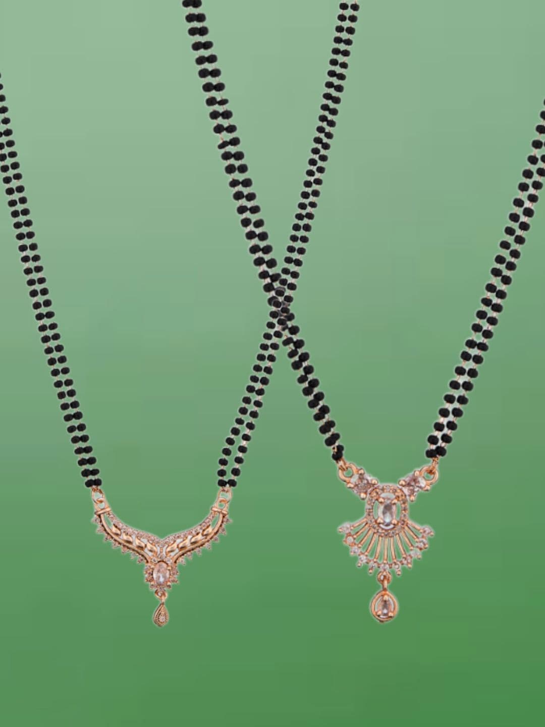 ATIBELLE Set of 2 Rose Gold-Plated Cubic Zirconia Stones Studded and Beaded Mangalsutras