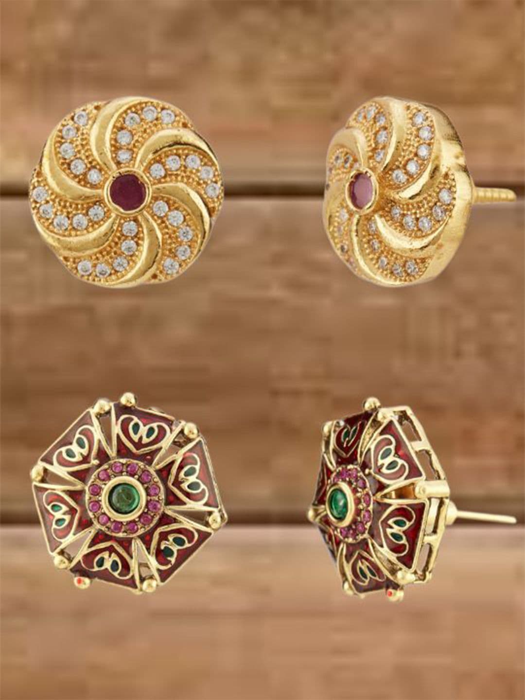 ATIBELLE Set Of 2 Gold-Plated Cubic Zirconia Studded Floral Shaped Meenakari Studs - Image 1