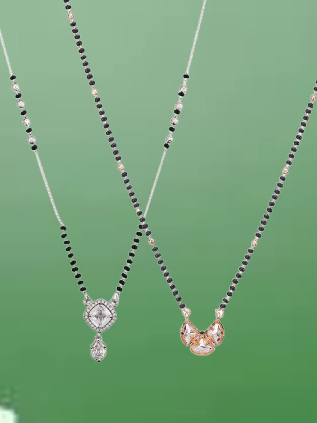 ATIBELLE Set of 2 Silver-Plated Cubic Zirconia Stones Studded and Beaded Mangalsutras