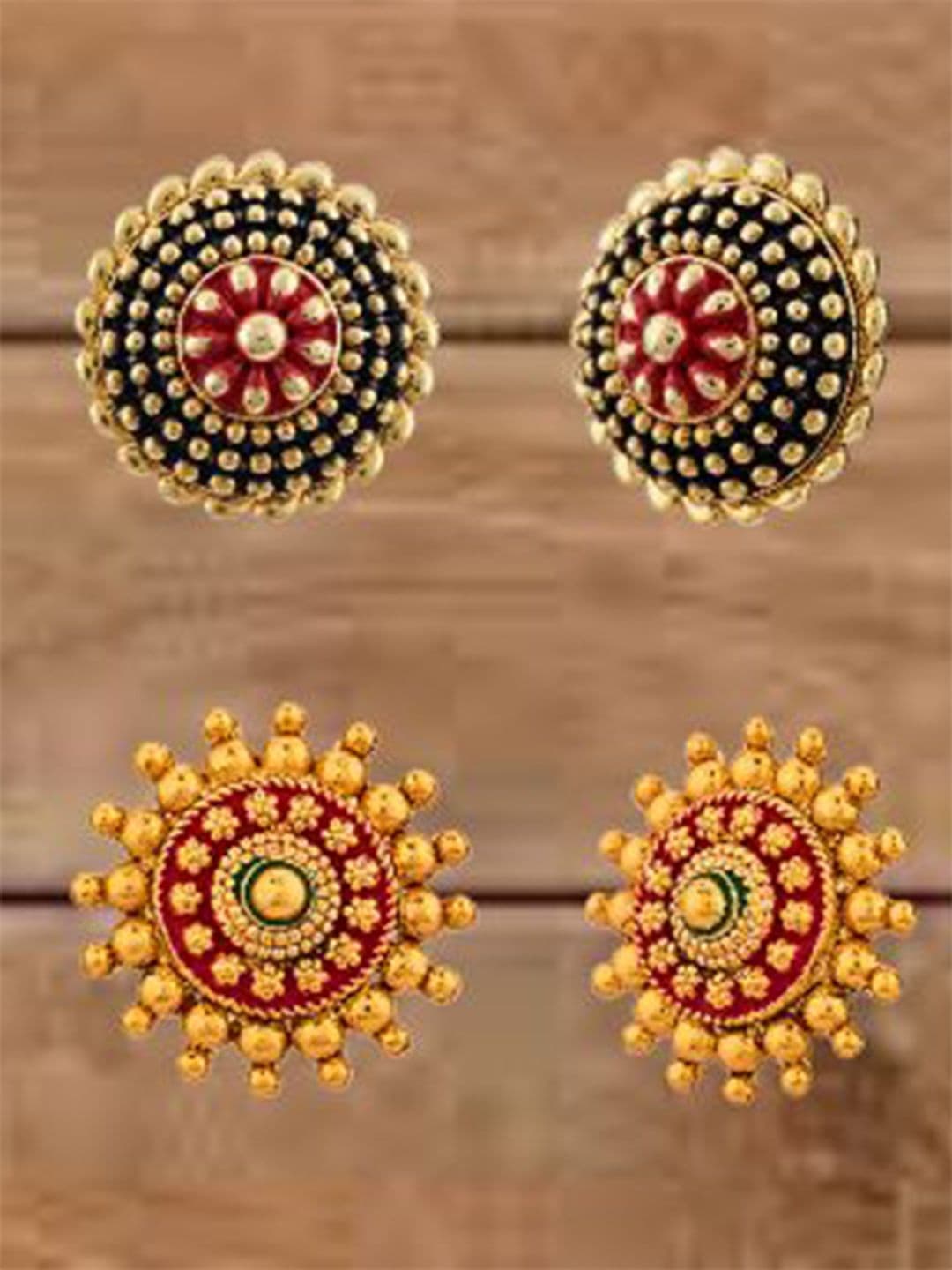 ATIBELLE Set Of 2 Gold-Plated Floral Shaped Meenakari Studs