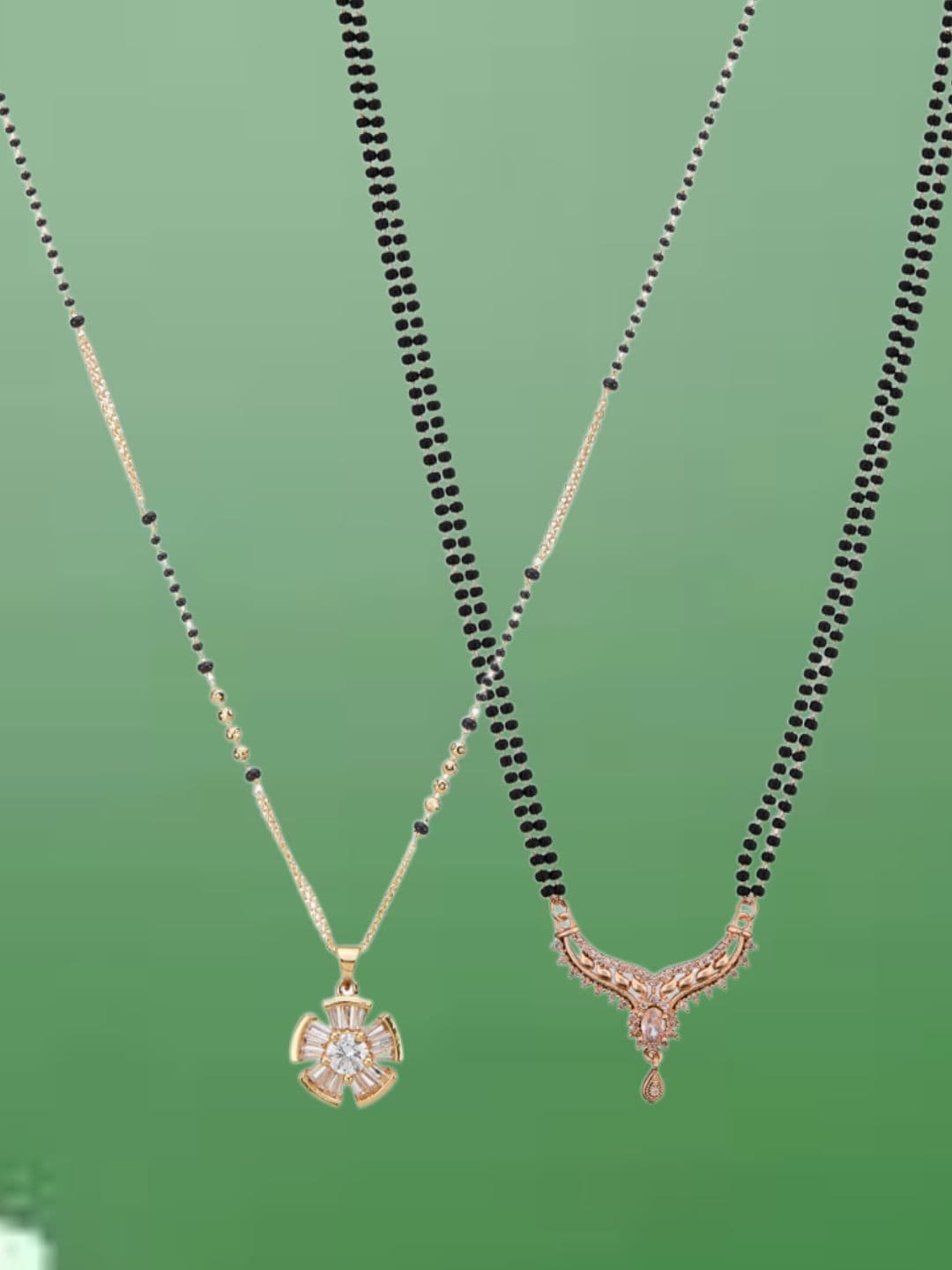 ATIBELLE Set of 2 Gold-Plated Cubic Zirconia Stones Studded and Beaded Mangalsutras