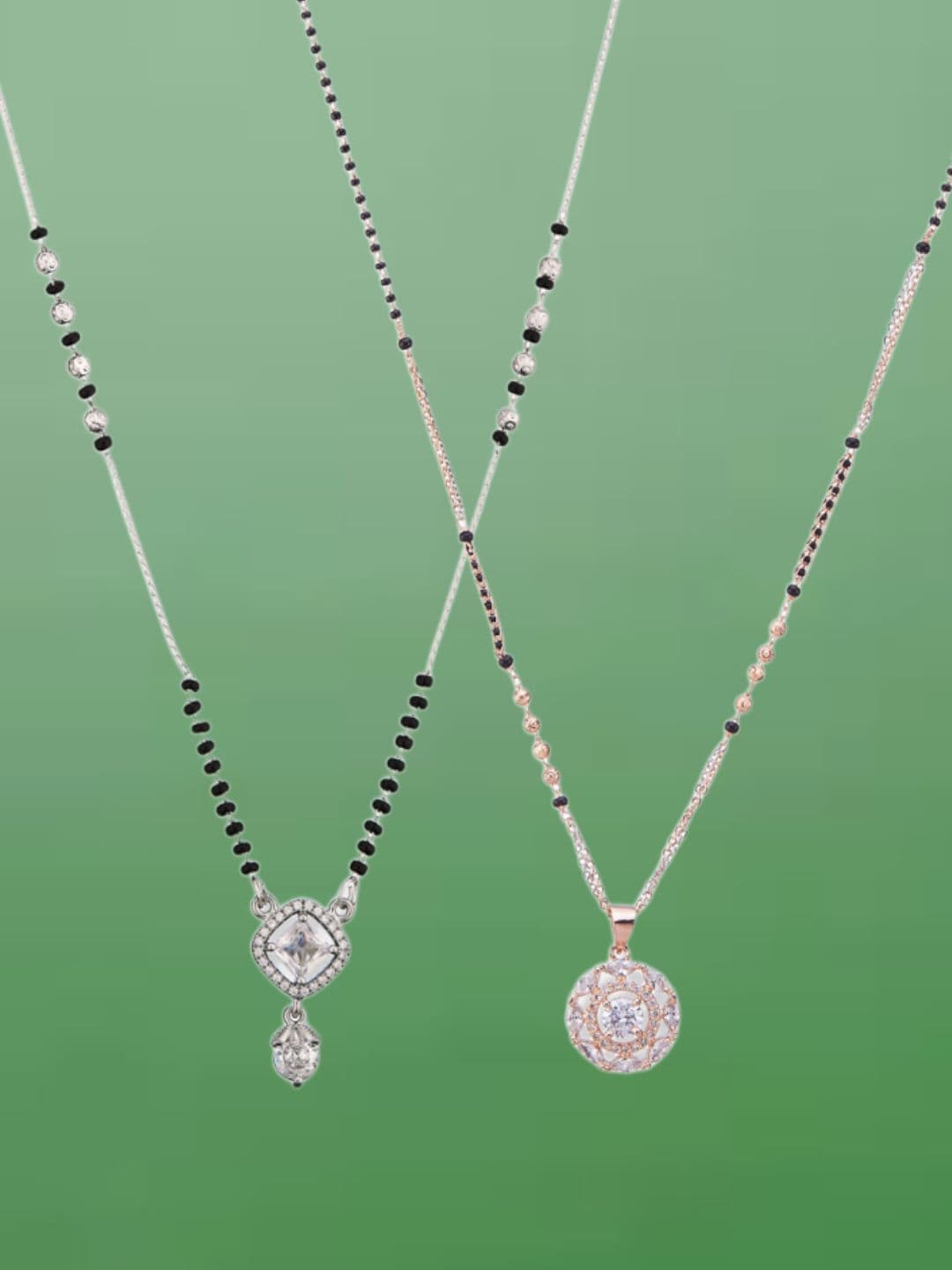 ATIBELLE Set of 2 Silver-Plated Cubic Zirconia Stones Studded and Beaded Mangalsutras