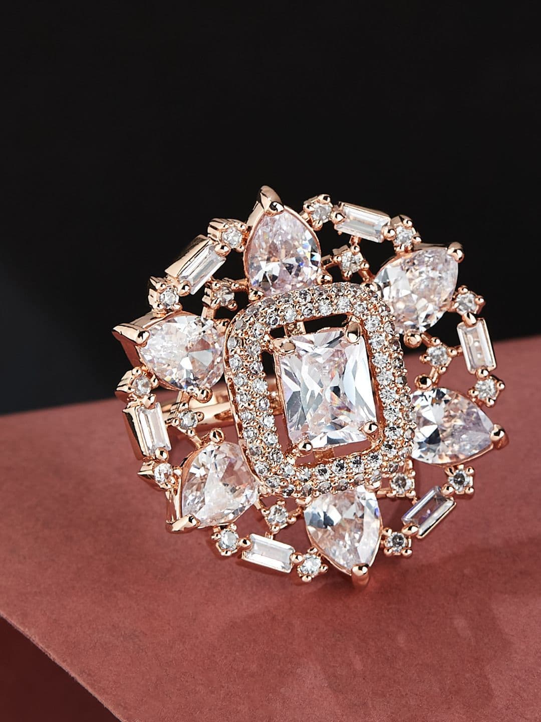 ATIBELLE Rose Gold Plated CZ Stone Studded Finger Ring - Image 1
