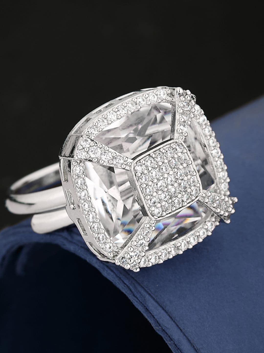 ATIBELLE Silver Plated CZ Stone Studded Finger Ring - Image 1