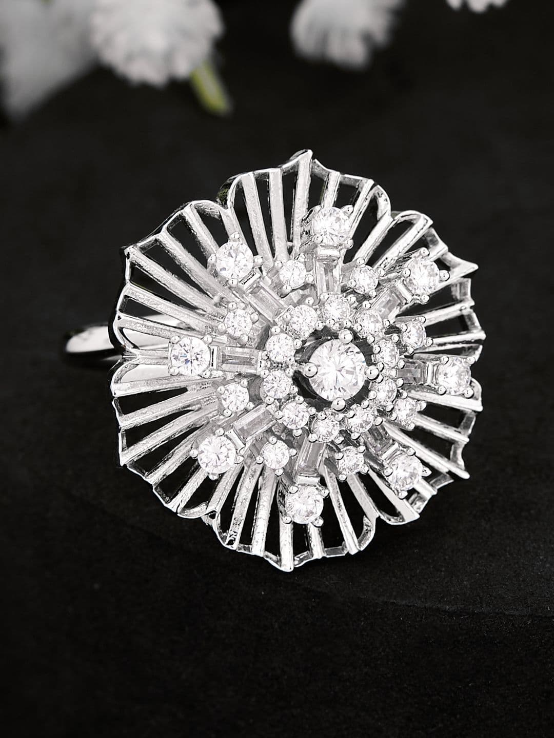 ATIBELLE Silver Plated CZ Stone Studded Finger Ring - Image 1