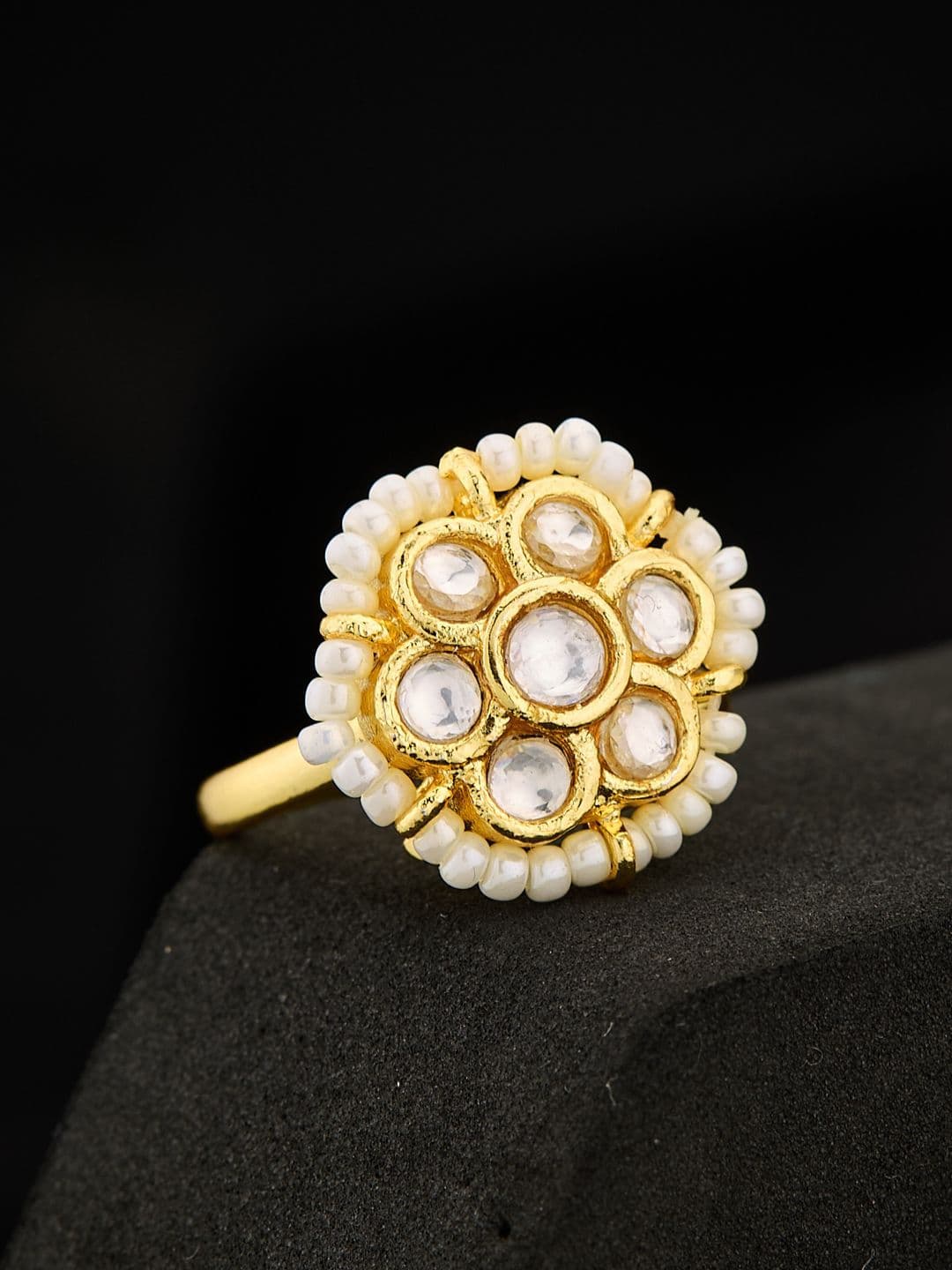 ATIBELLE Gold Plated Kundan Stone Studded & Beaded Finger Ring - Image 1