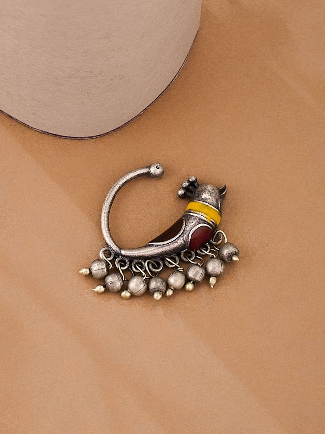 ATIBELLE German Silver Plated Meenakari Inspired Bird Shaped Beaded Nose Pin - Image 1