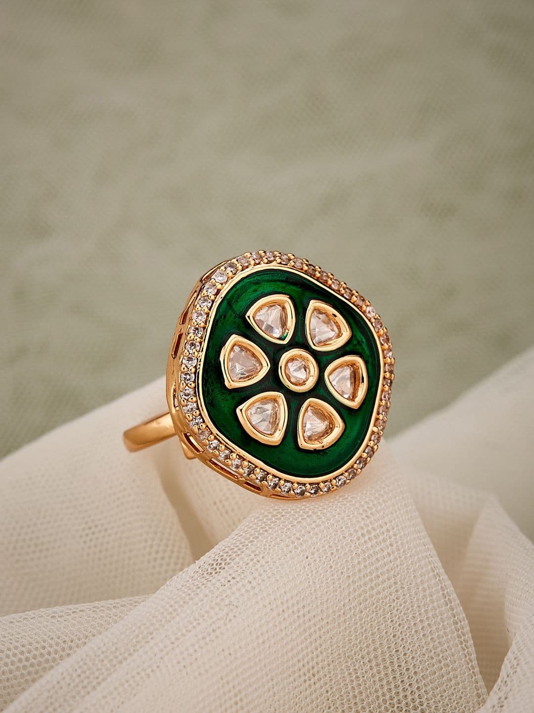 ATIBELLE Gold-Plated Cubic Zirconia And Kundan-Studded Finger Ring - Image 1