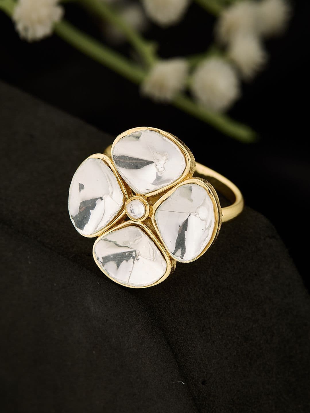 ATIBELLE Gold Plated Cubic Zirconia Stone Studded Floral Shaped Finger Ring - Image 1