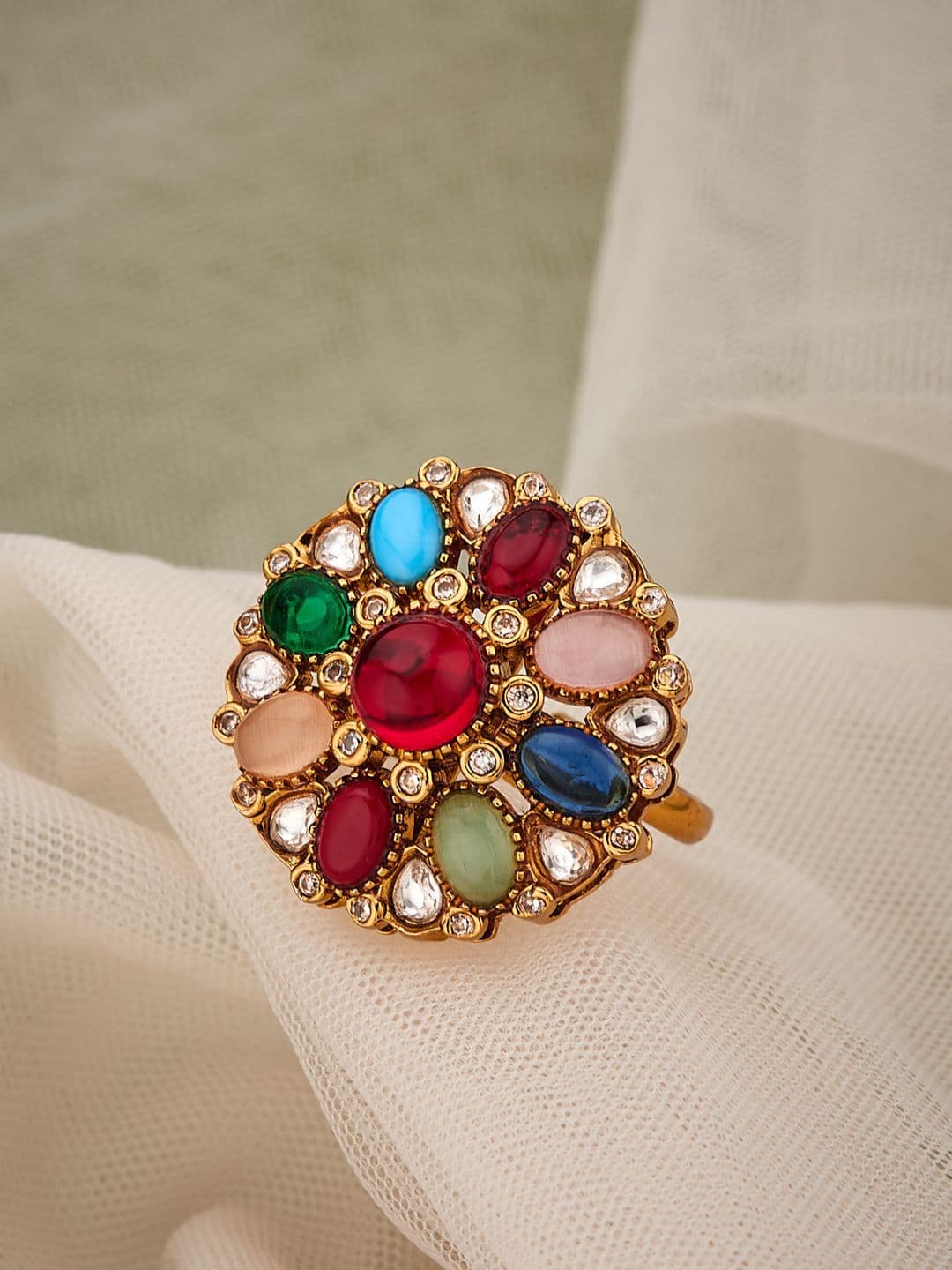 ATIBELLE Gold-Plated Cubic Zircoina Studded Floral Shaped Finger Ring - Image 1