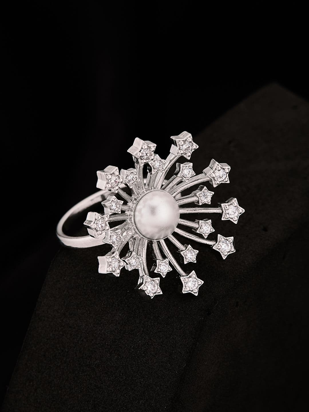 ATIBELLE Silver Plated Cubic Zirconia Stone Studded And Beaded Finger Ring - Image 1