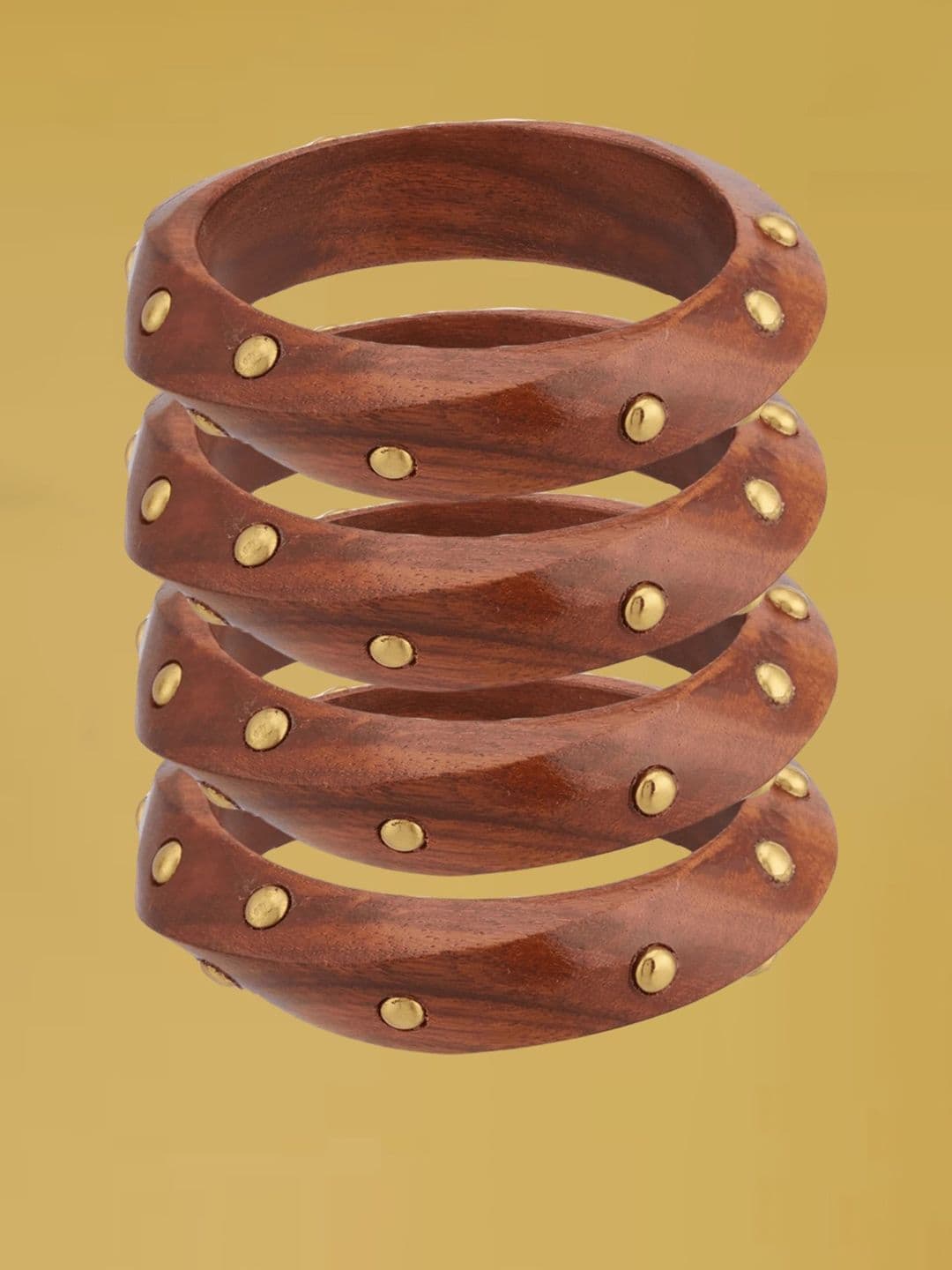 ATIBELLE Set Of 4 Gold-Plated Beaded & Round-Square Twisted Shaped Wooden Bangles