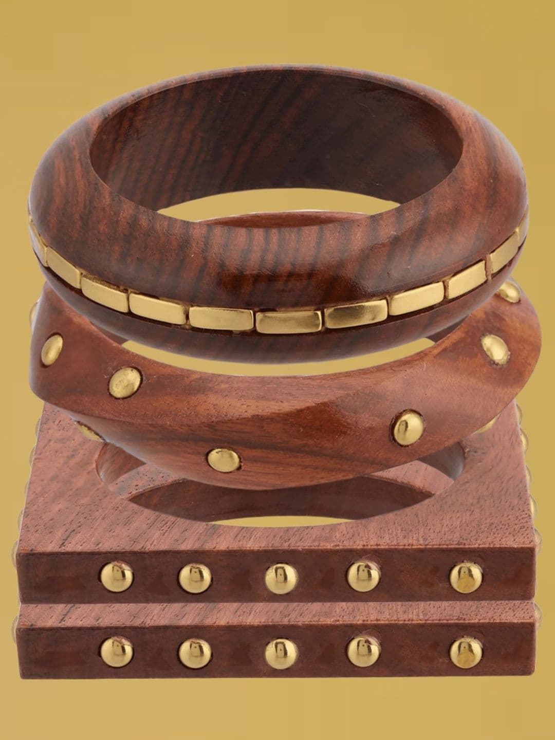 ATIBELLE Set Of 4 Gold-Plated Beaded & Round-Square Twisted Shaped Wooden Bangles