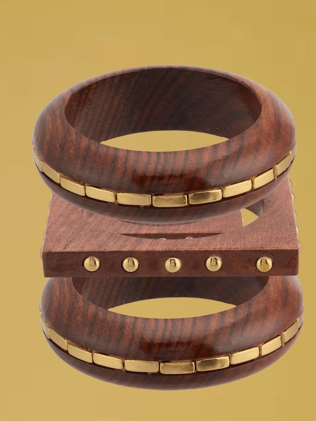 ATIBELLE Set Of 3 Gold-Plated Beaded & Round-Square Twisted Shaped Wooden Bangles