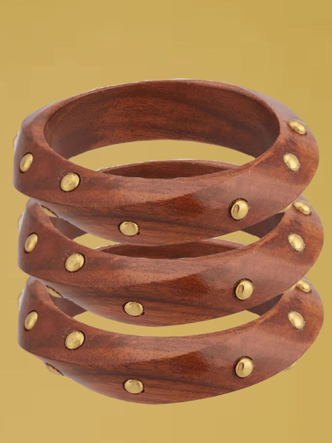 ATIBELLE Set Of 3 Gold-Plated Beaded & Round-Square Twisted Shaped Wooden Bangles