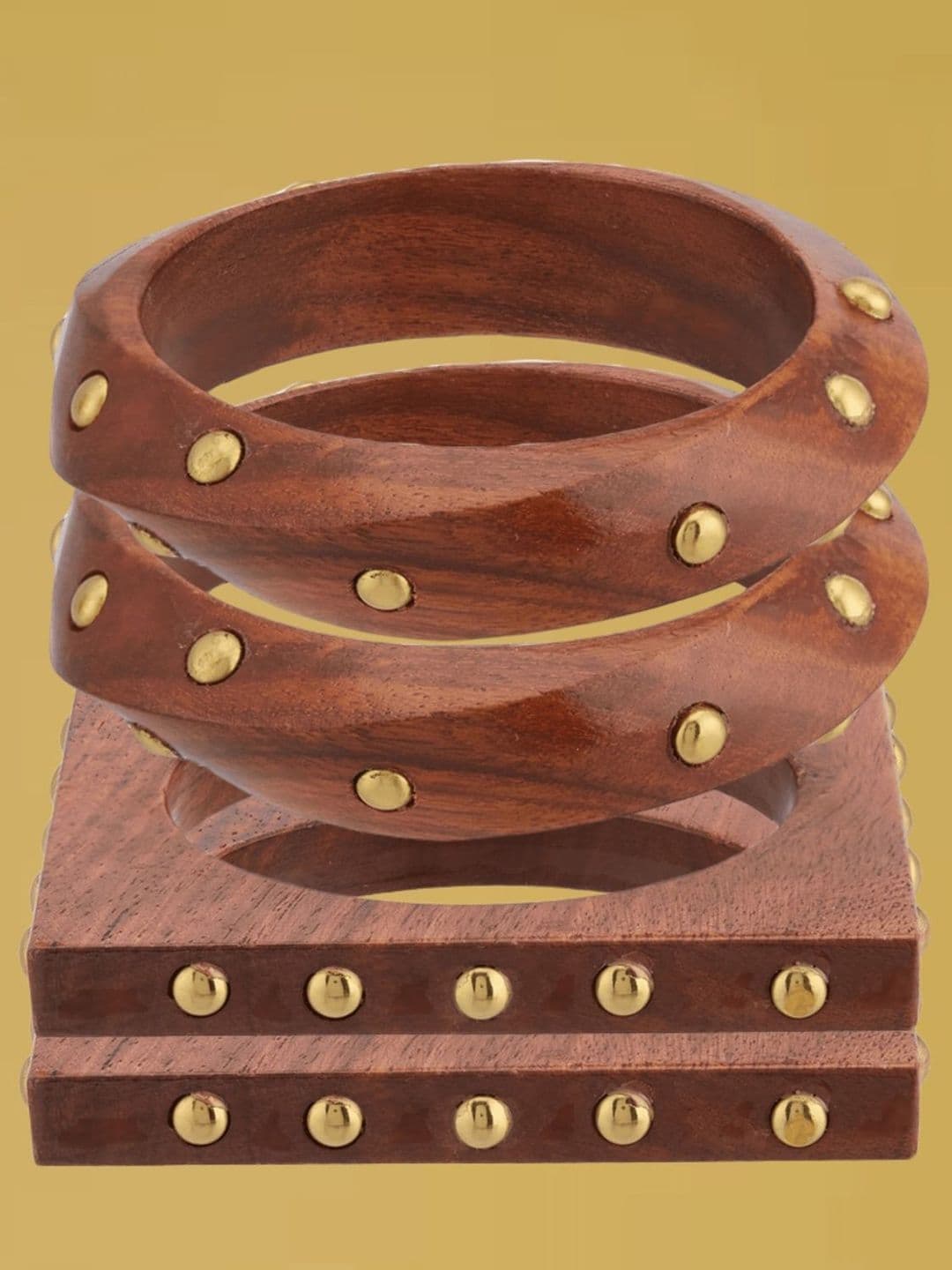 ATIBELLE Set Of 4 Gold-Plated Beaded & Round-Square Twisted Shaped Wooden Bangles