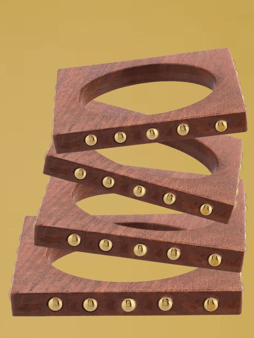 ATIBELLE Set of 4 Gold-Plated Round-Square Twisted Shaped Wooden Bangles