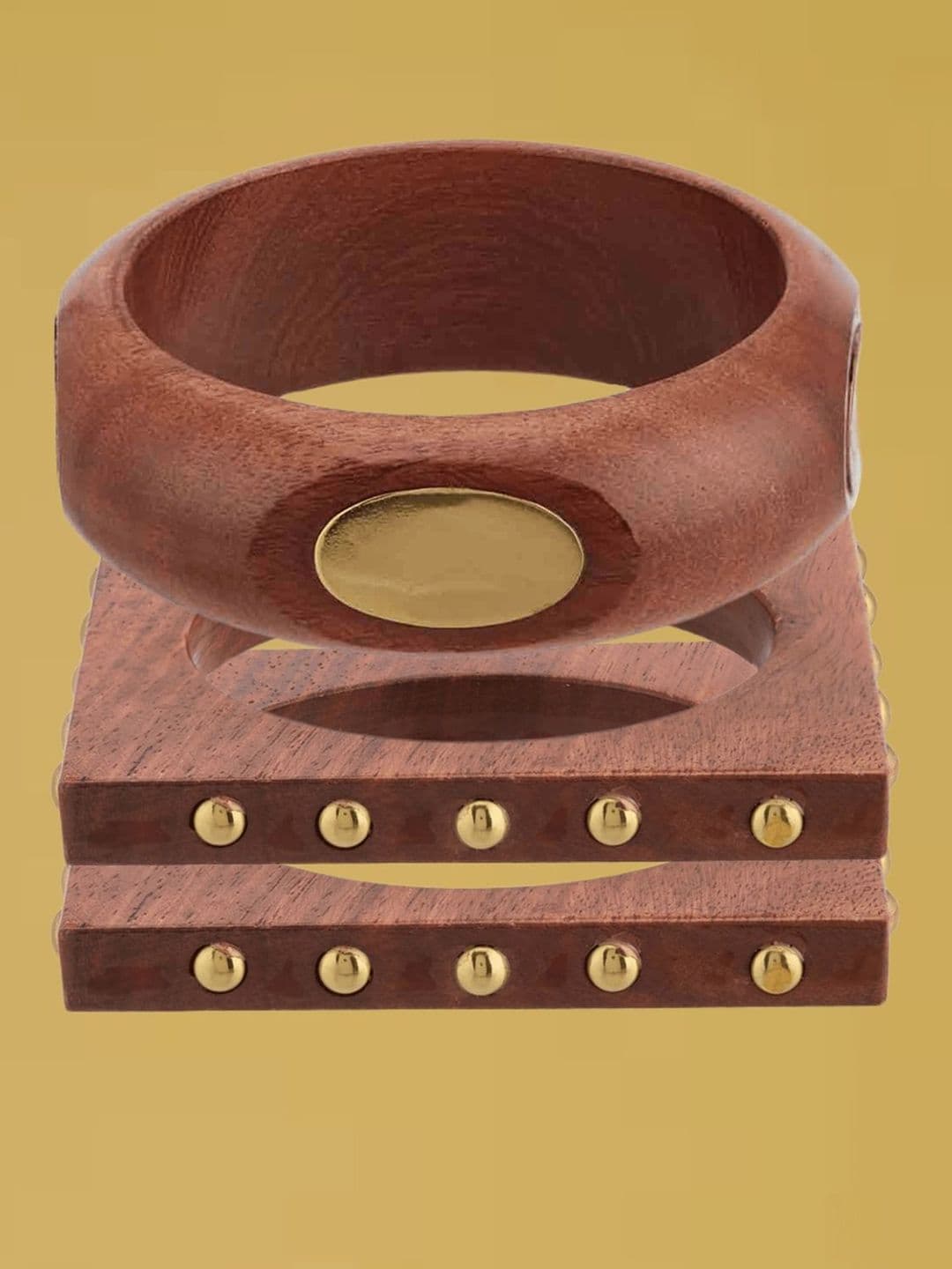 ATIBELLE Set Of 3 Gold-Plated Round-Square Twisted Shaped Wooden Bangles