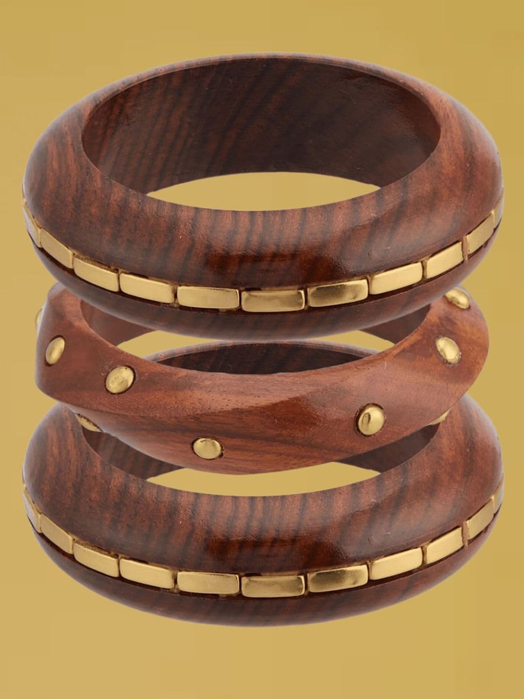 ATIBELLE Set Of 3 Gold-Plated Beaded & Round-Square Twisted Shaped Wooden Bangles