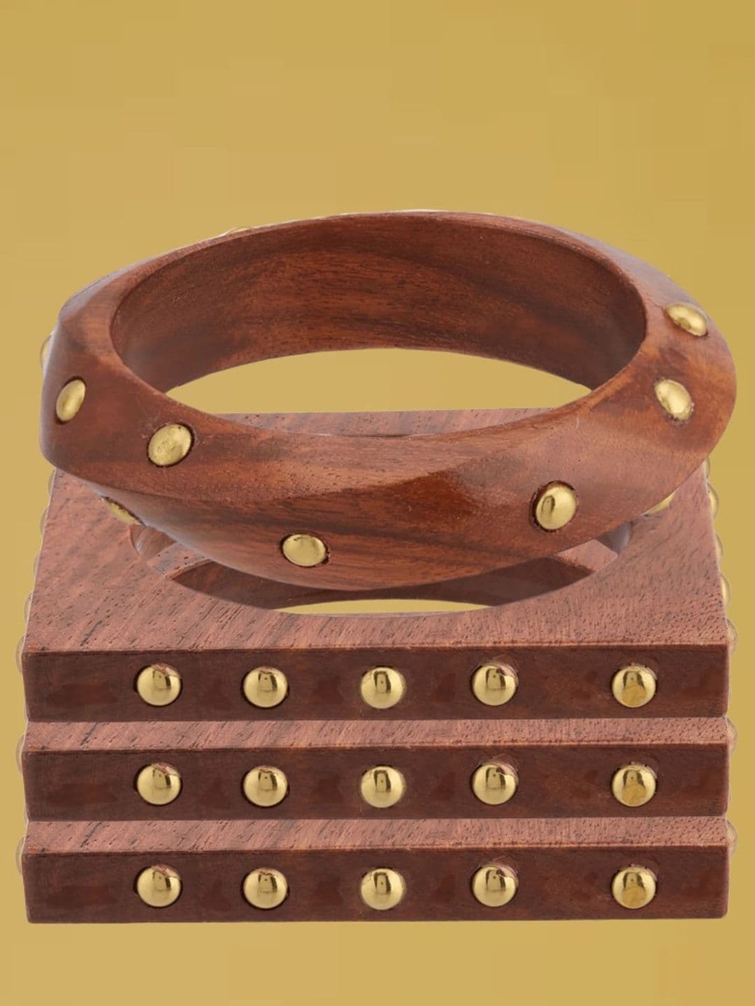 ATIBELLE Set Of 4 Gold-Plated Beaded Twisted Shaped Wooden Bangles