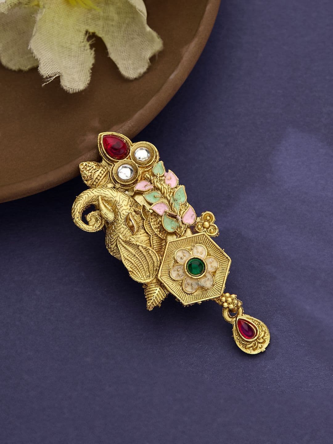 ATIBELLE Gold Plated Artificial Stone Studded Meenakari Brooch - Image 1