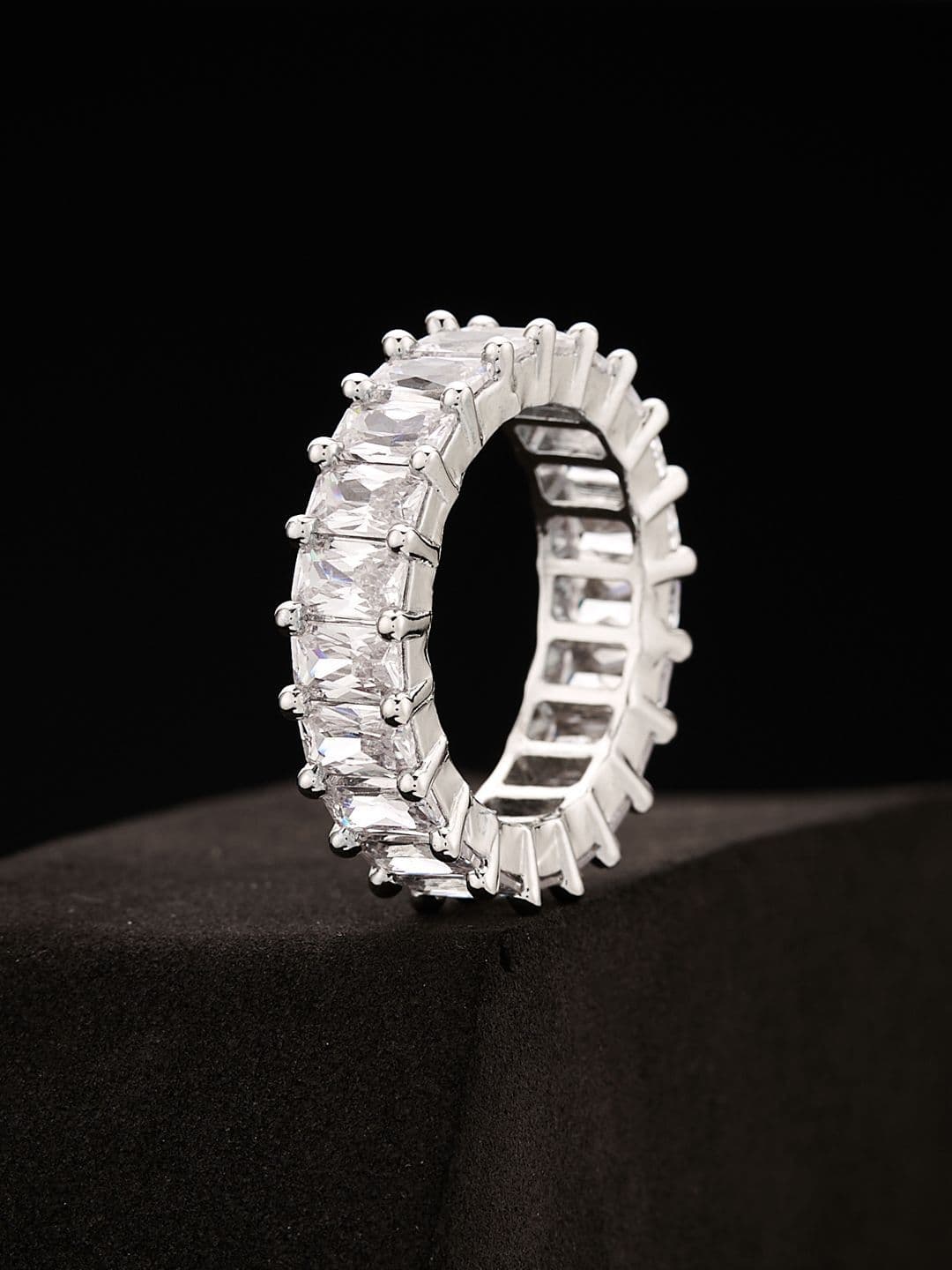 ATIBELLE Silver Plated Cubic Zirconia Studded Band Finger Ring - Image 1