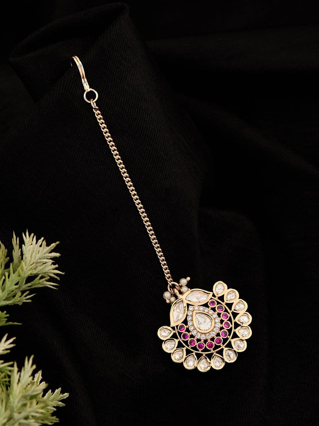 ATIBELLE Rose Gold-Plated Kundan Studded Meenakari Maang Tikka