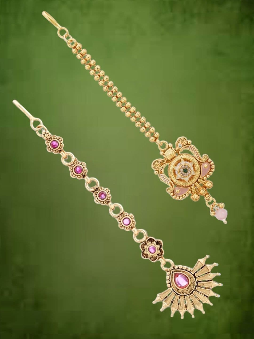 ATIBELLE Gold-Plated Artificial Stones and Beads Studded Maang Tikka Head Jewellery