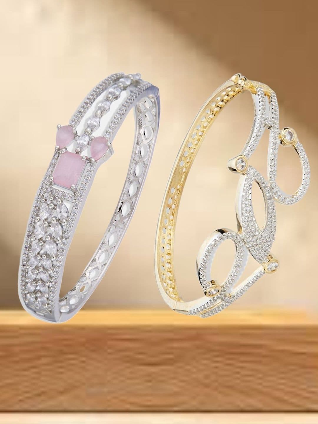 ATIBELLE Women 2 Brass Cubic Zirconia Silver-Plated Kada Bracelet
