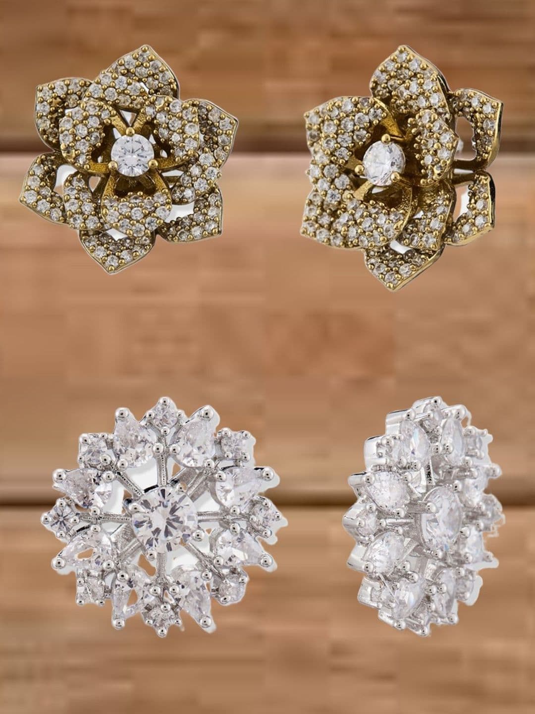 ATIBELLE Set Of 2 Gold-Plated Cubic Zirconia Studded Floral Shaped Studs