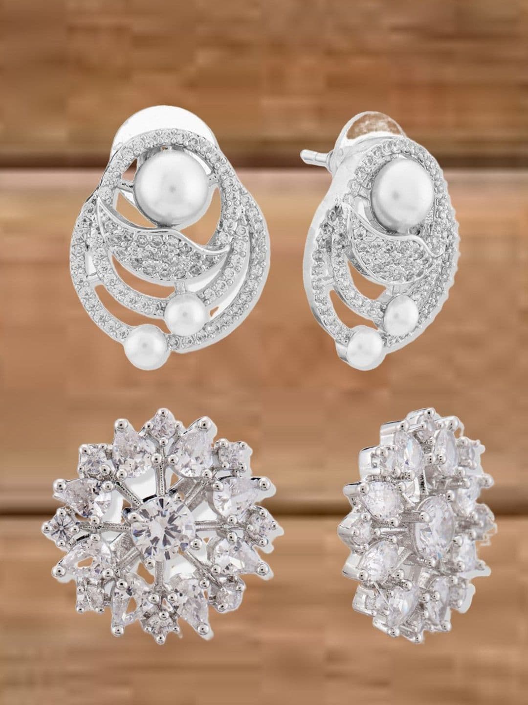 ATIBELLE Set Of 2 Silver-Plated Cubic Zirconia Studded & Pearls Beaded Floral Shaped Studs