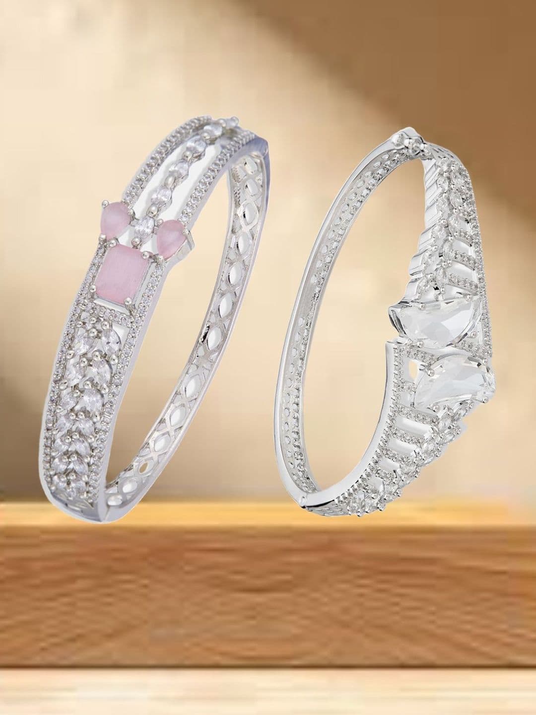 ATIBELLE Set Of 2 Cubic Zirconia Silver-Plated Kada Bracelet