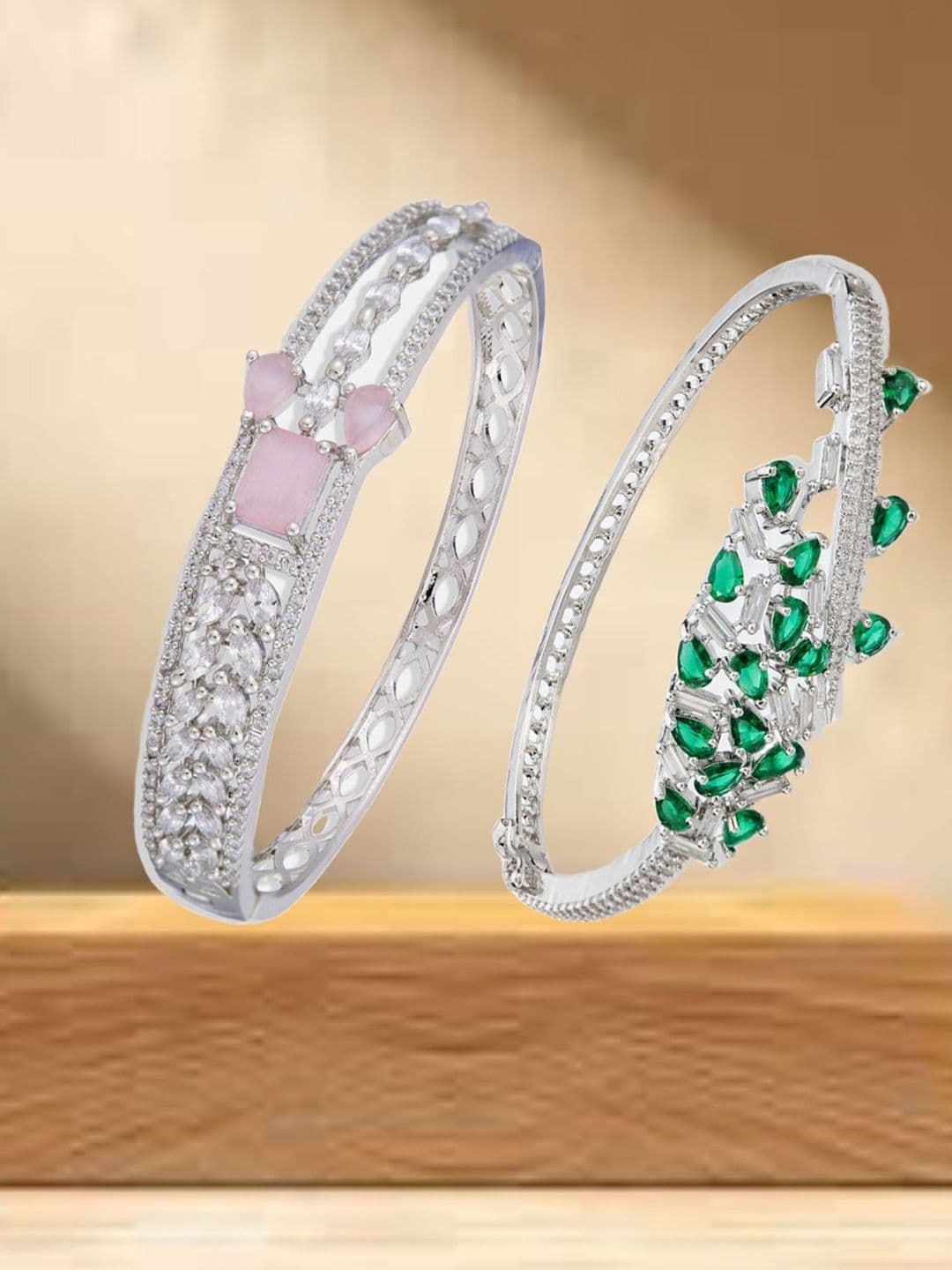 ATIBELLE Set Of 2 Brass Cubic Zirconia Silver-Plated Wraparound Bracelet